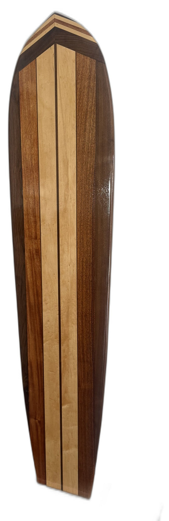 Sculptural Alaia wood surfboard wall art, angled view showing wood grain