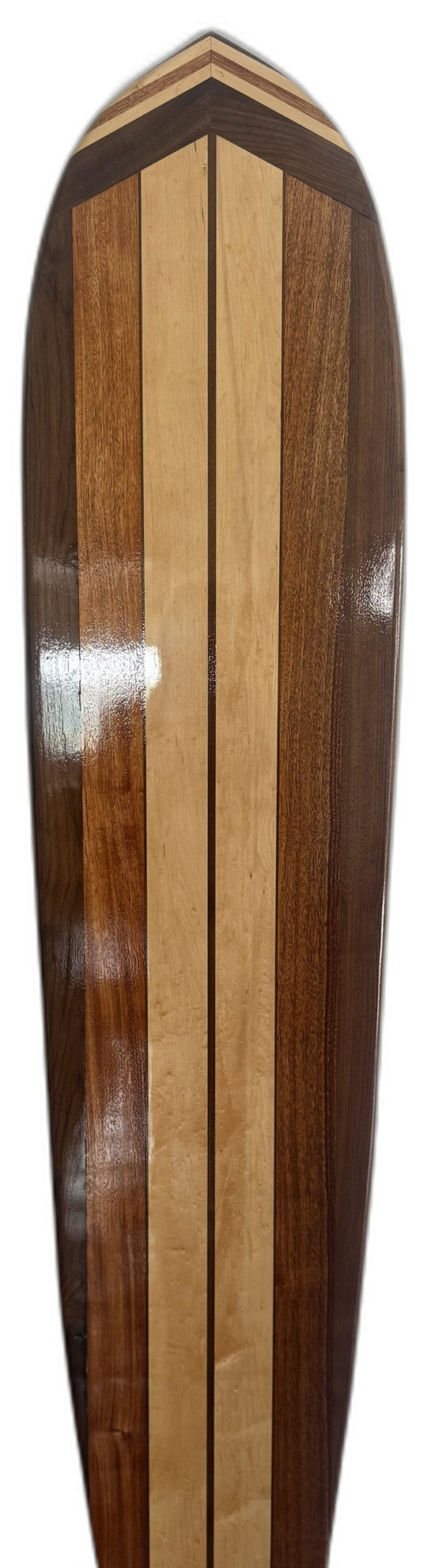 Sculptural Alaia wall art in walnut, maple, and mahogany, front view on white background